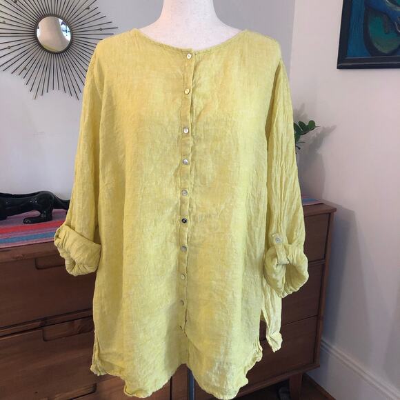 Tahari 100% Linen Button Front Long Tunic Top 3X Yellow Langenlook Minimalist - Picture 1 of 8